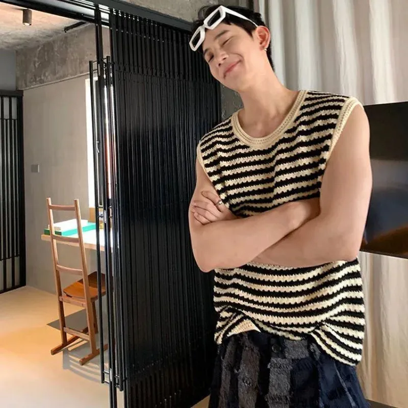 Aidase mens outfits Knitted Sweaters for Men Mesh Vest Sleeveless Man Clothes Black Striped Waistcoat Spring Autumn Designer Luxury 90s Vintage Y2k