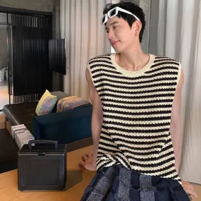 Aidase mens outfits Knitted Sweaters for Men Mesh Vest Sleeveless Man Clothes Black Striped Waistcoat Spring Autumn Designer Luxury 90s Vintage Y2k