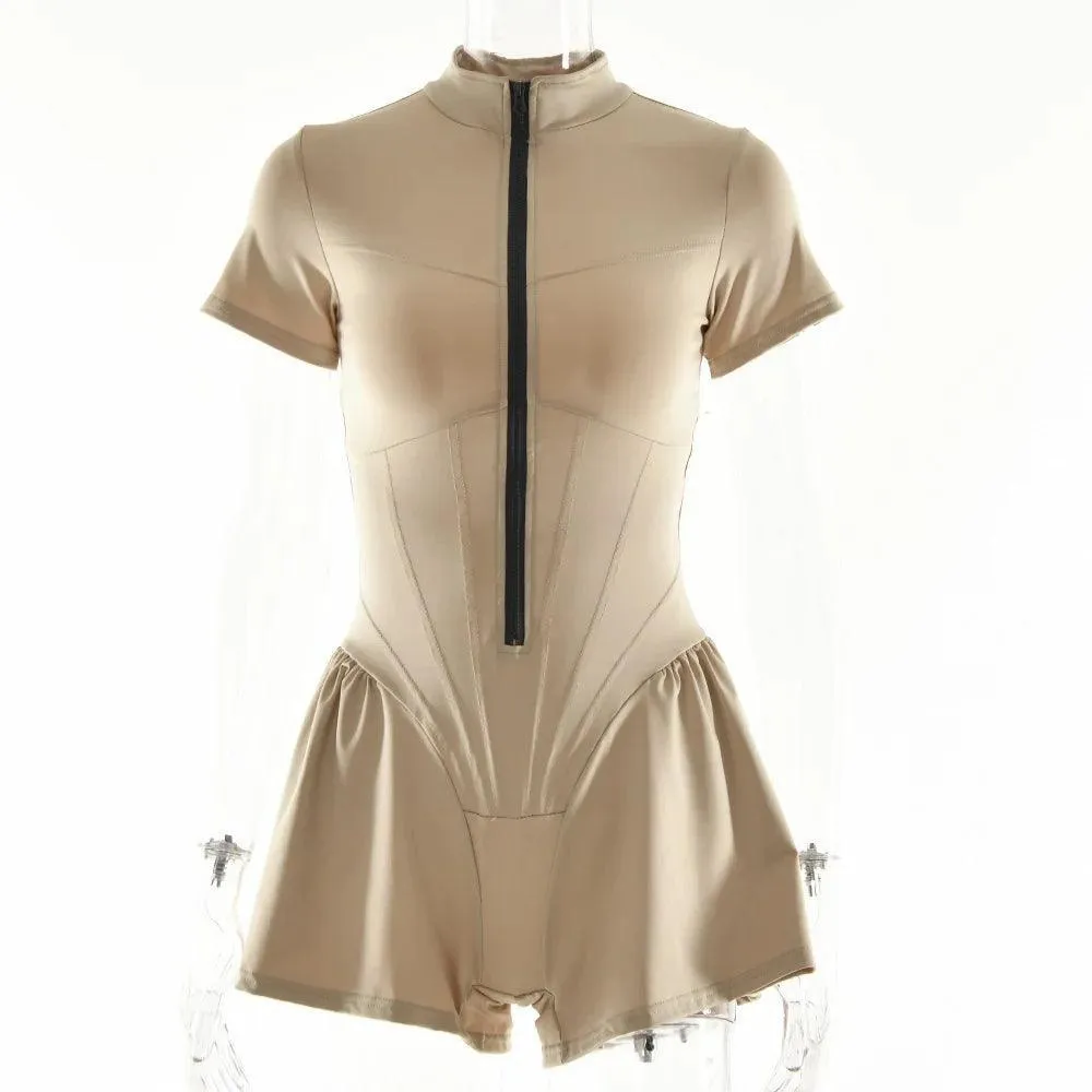 Autumn Elegance Zip-Up Bodysuit: Stylish O-Neck with Zip Closure