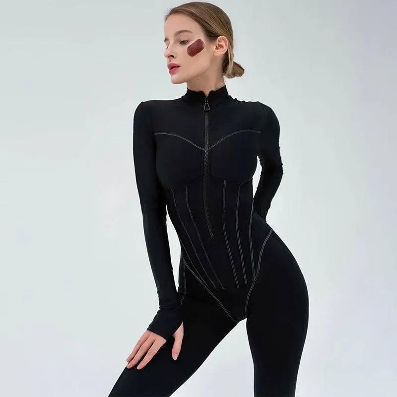 Autumn Elegance Zip-Up Bodysuit: Stylish O-Neck with Zip Closure