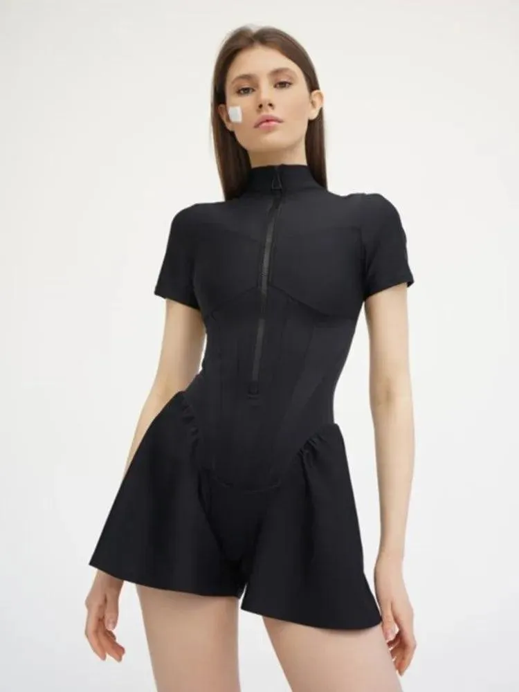 Autumn Elegance Zip-Up Bodysuit: Stylish O-Neck with Zip Closure
