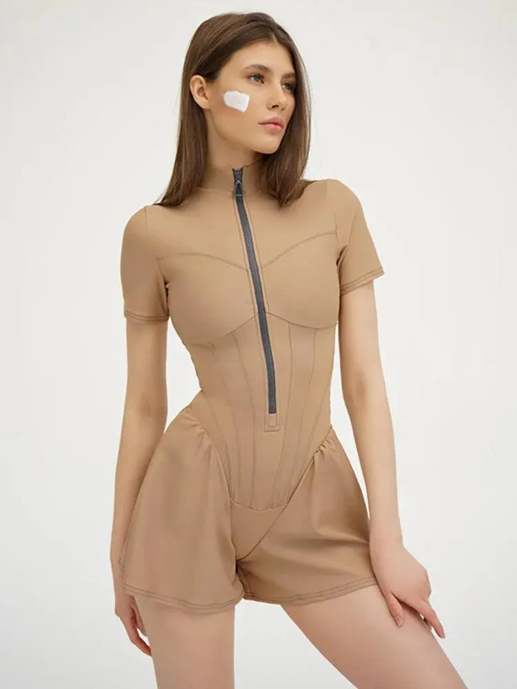 Autumn Elegance Zip-Up Bodysuit: Stylish O-Neck with Zip Closure