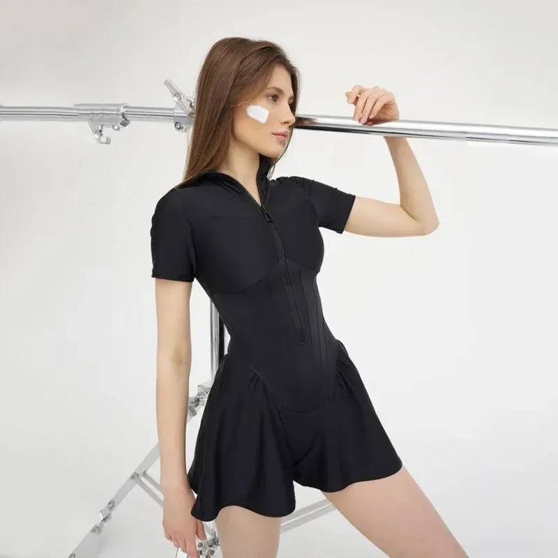 Autumn Elegance Zip-Up Bodysuit: Stylish O-Neck with Zip Closure