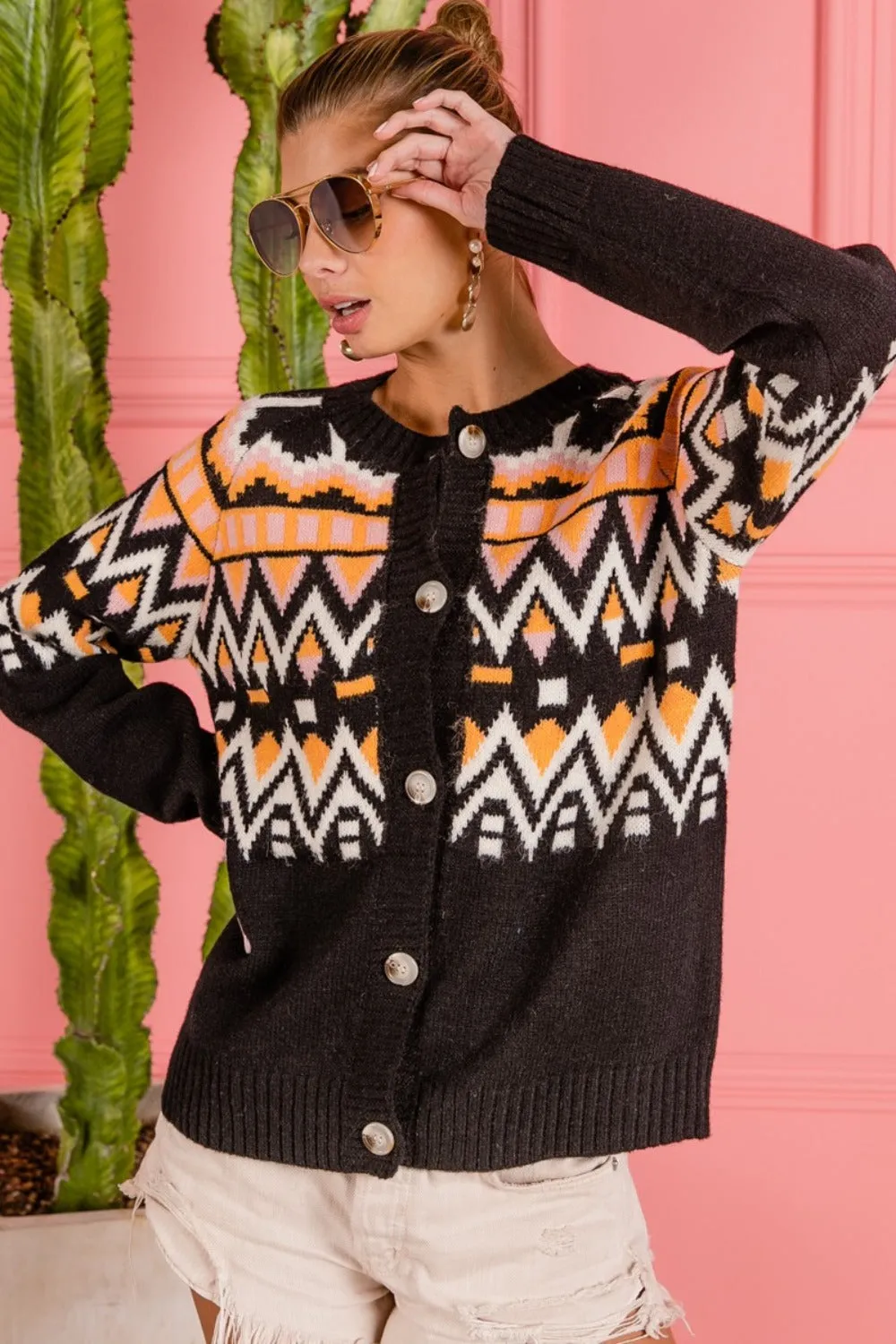 BiBi Pattern Button Up Knit Cardigan