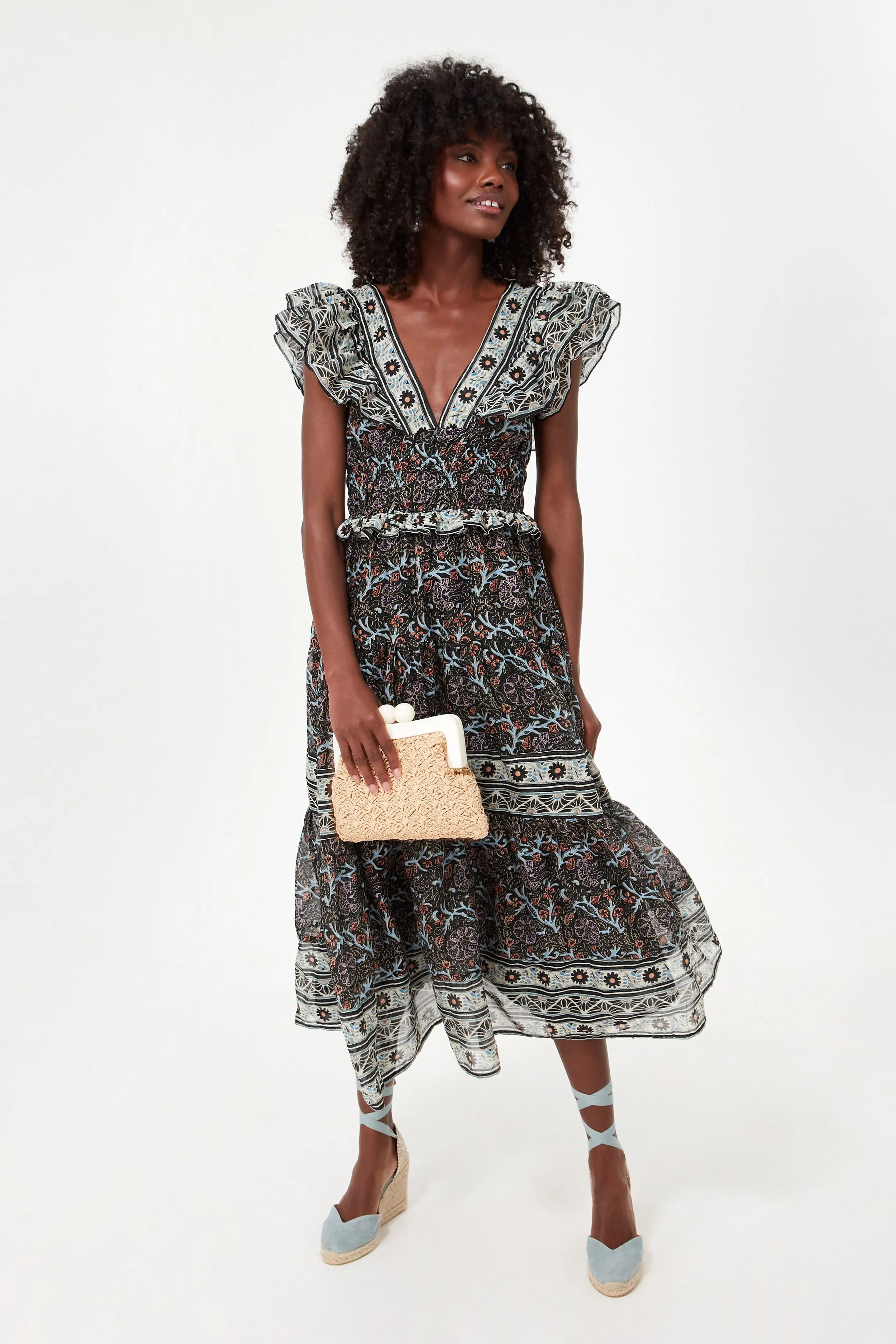 Black Marlee Print Flutter Sleeve Dress