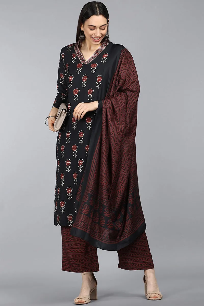Black Polyester Ethnic Motifs Straight Suit Set