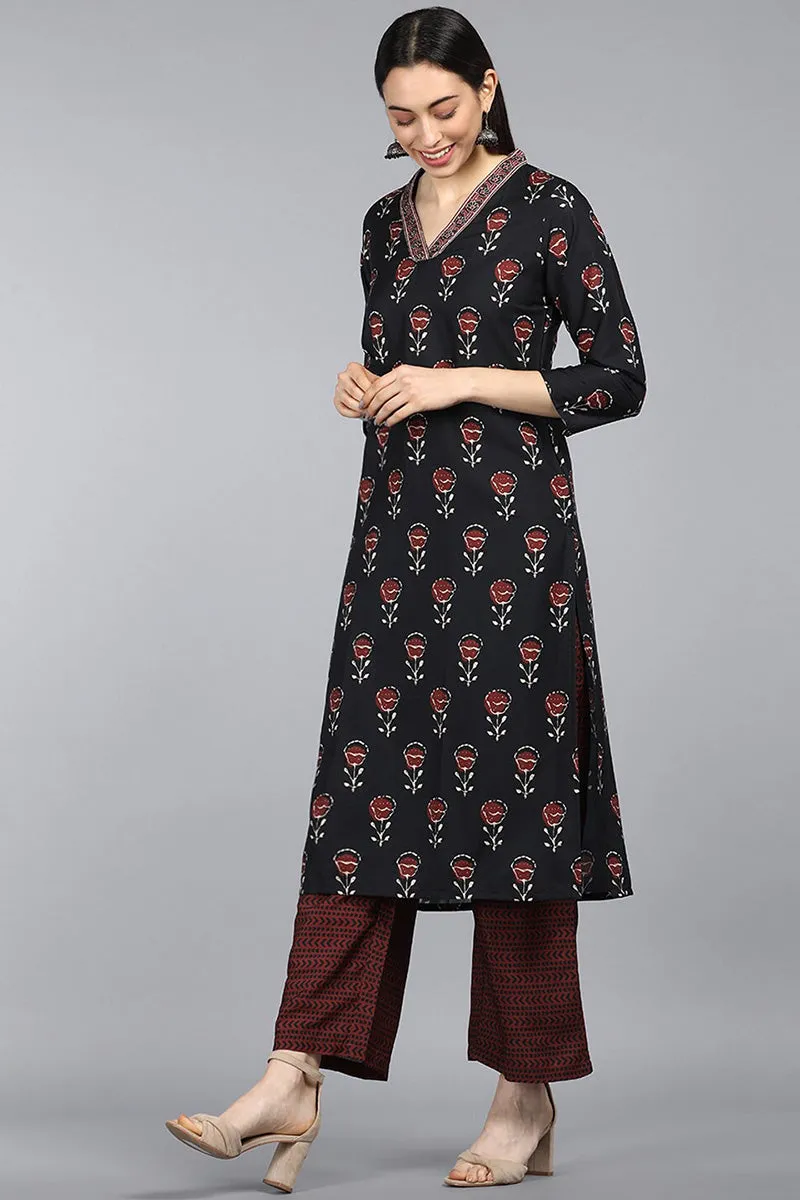 Black Polyester Ethnic Motifs Straight Suit Set