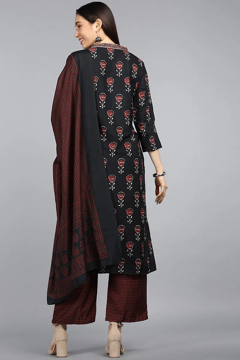 Black Polyester Ethnic Motifs Straight Suit Set