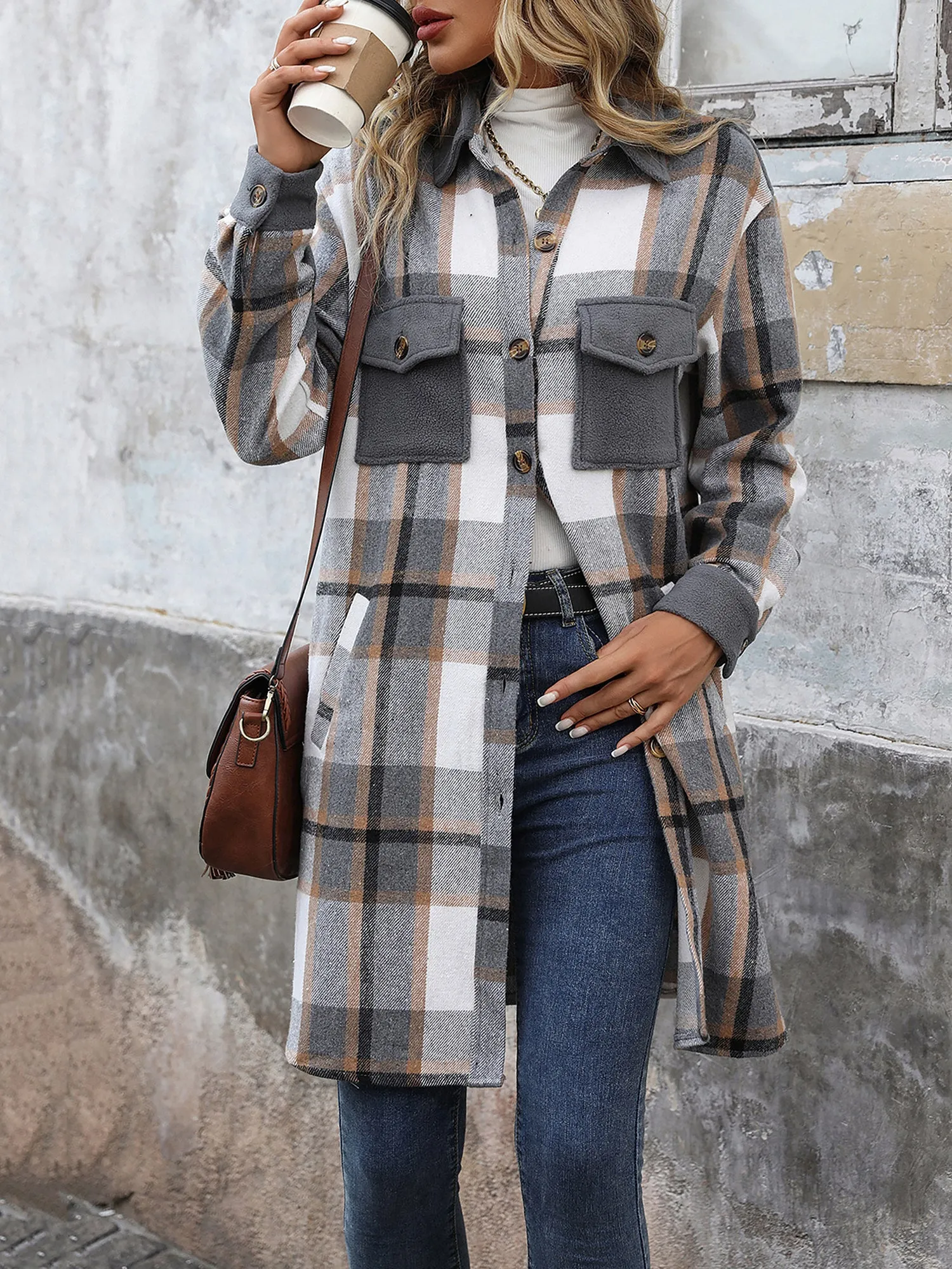 Brushed Long Sleeves Plaid Shacket Shirt Jacket
