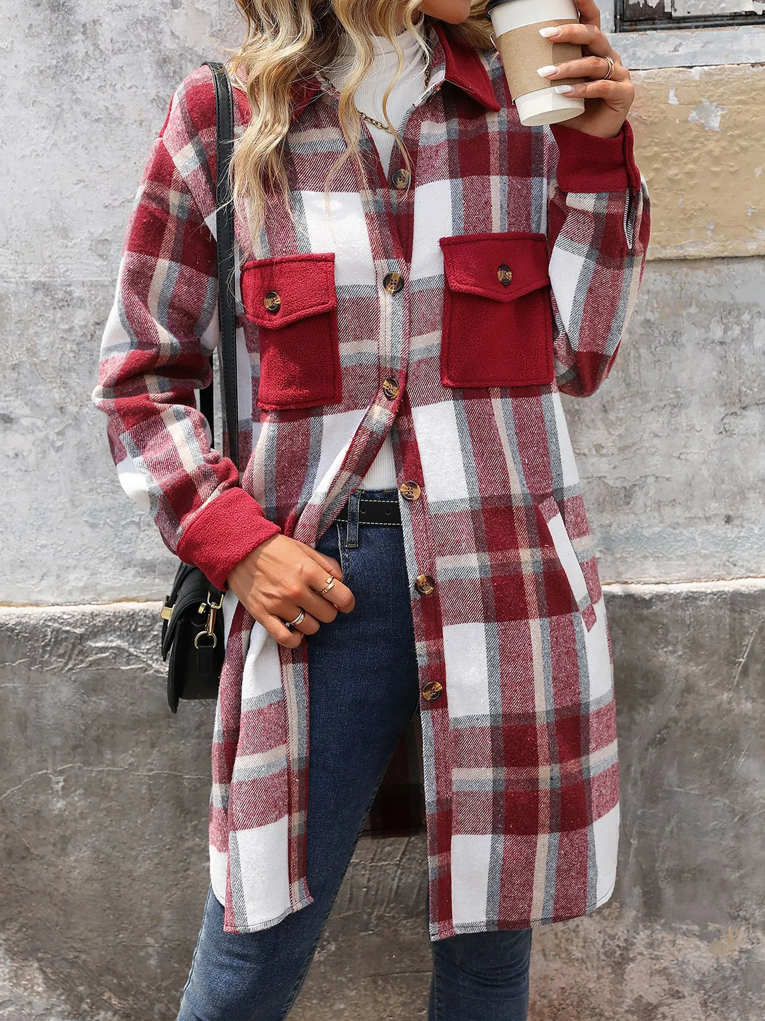 Brushed Long Sleeves Plaid Shacket Shirt Jacket