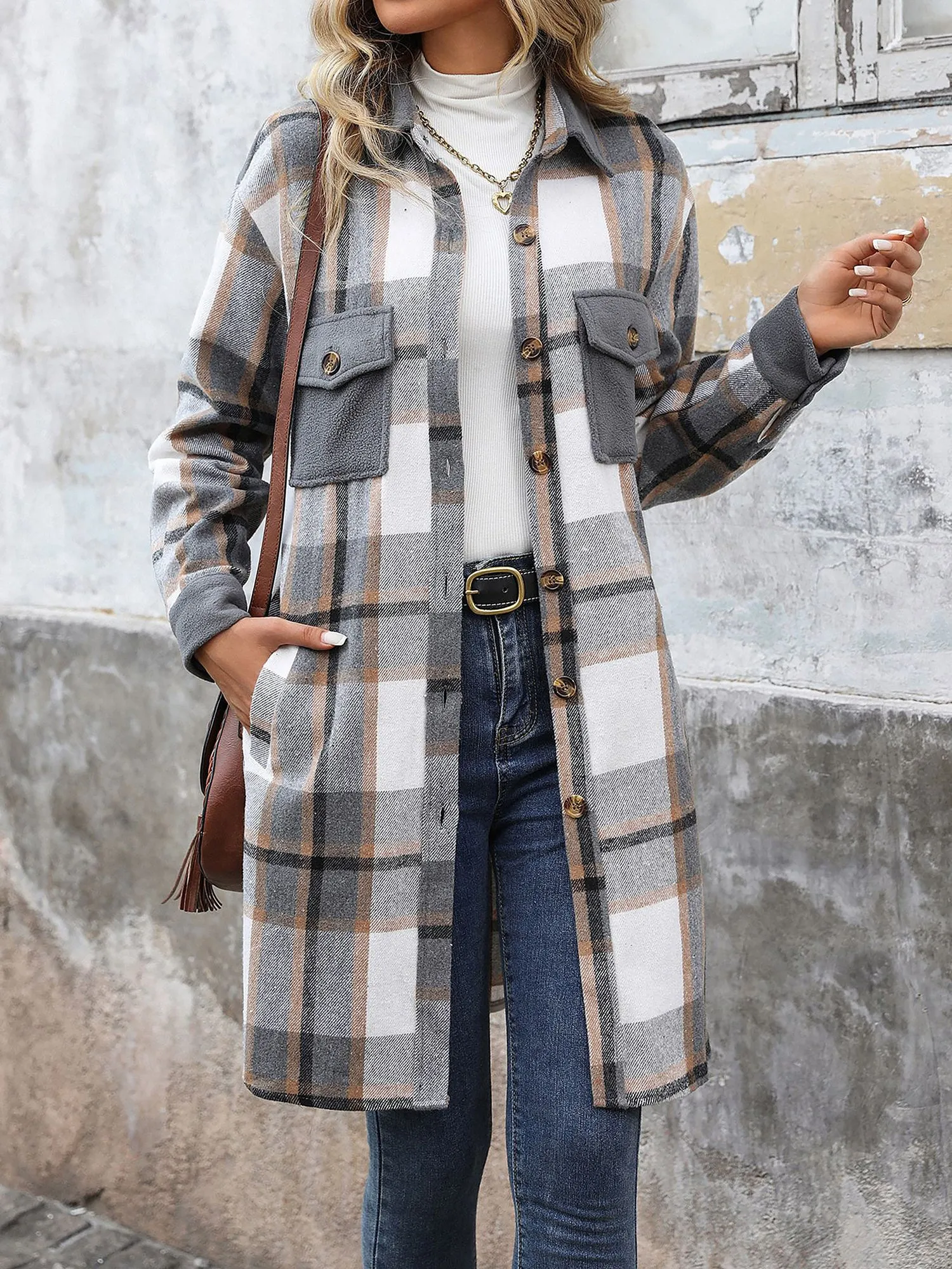 Brushed Long Sleeves Plaid Shacket Shirt Jacket