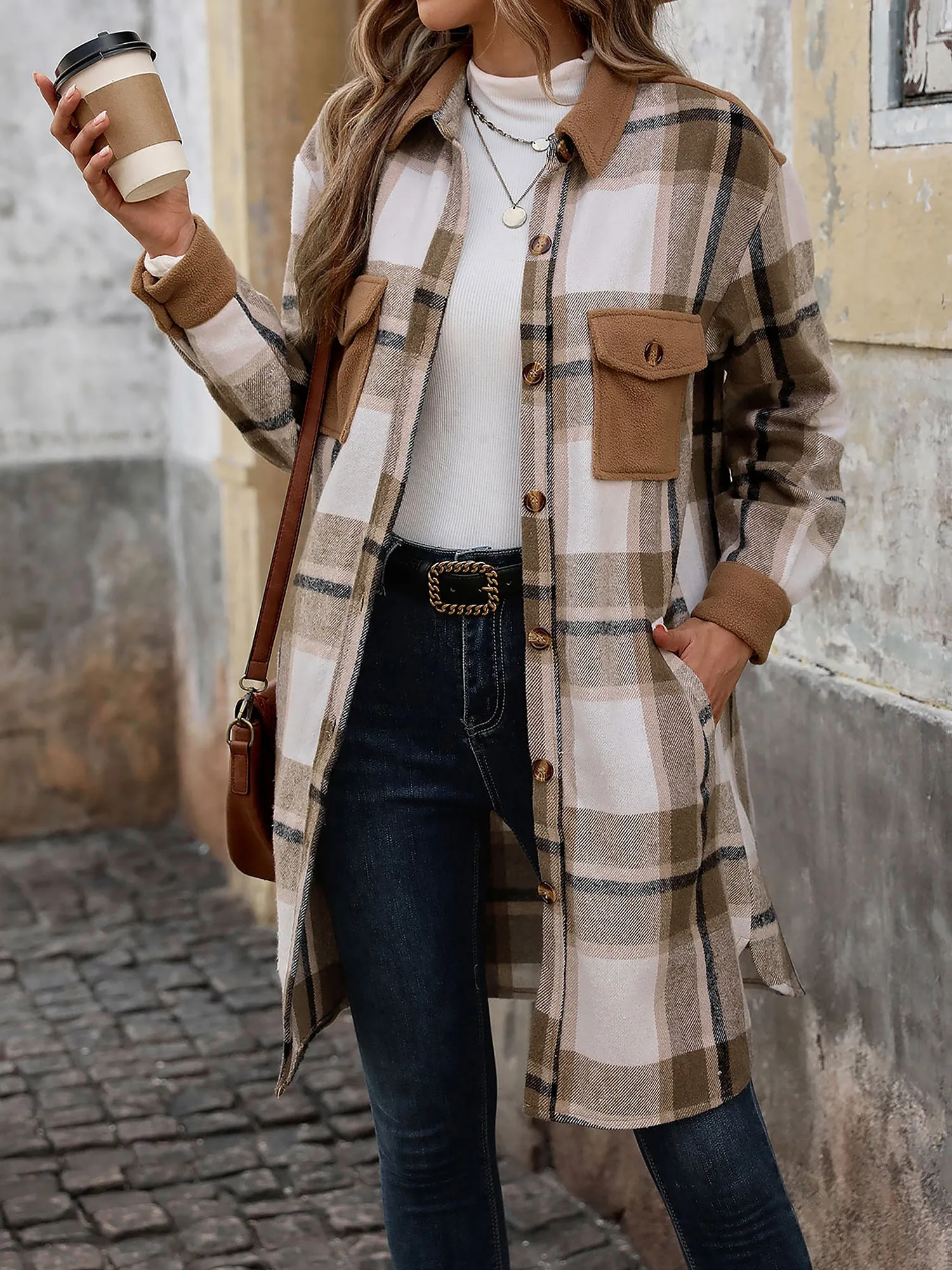 Brushed Long Sleeves Plaid Shacket Shirt Jacket