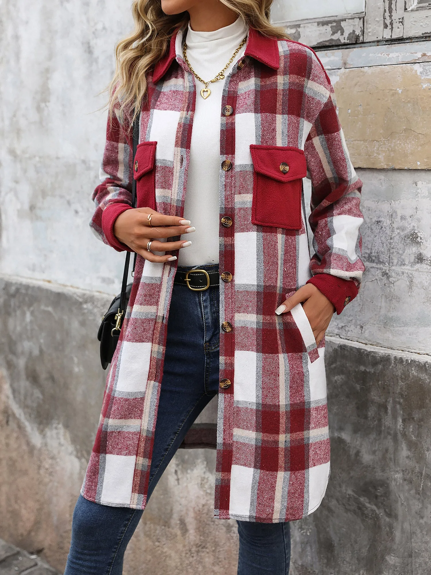 Brushed Long Sleeves Plaid Shacket Shirt Jacket