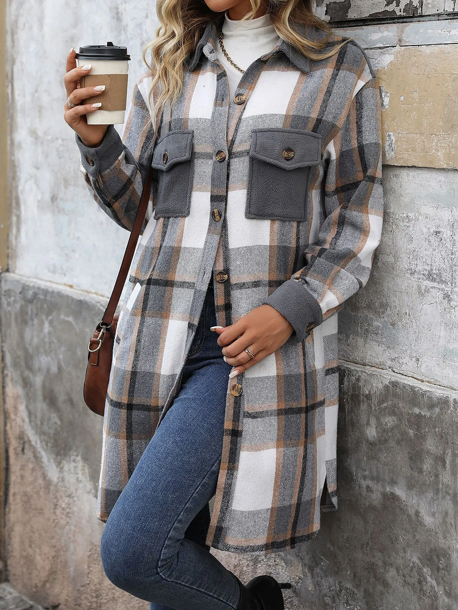 Brushed Long Sleeves Plaid Shacket Shirt Jacket