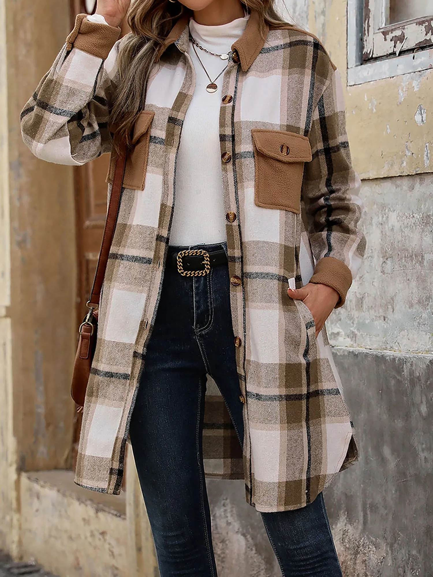 Brushed Long Sleeves Plaid Shacket Shirt Jacket