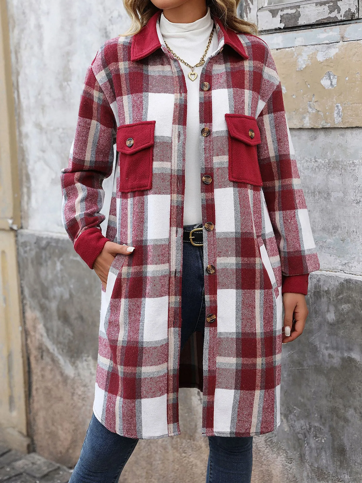 Brushed Long Sleeves Plaid Shacket Shirt Jacket