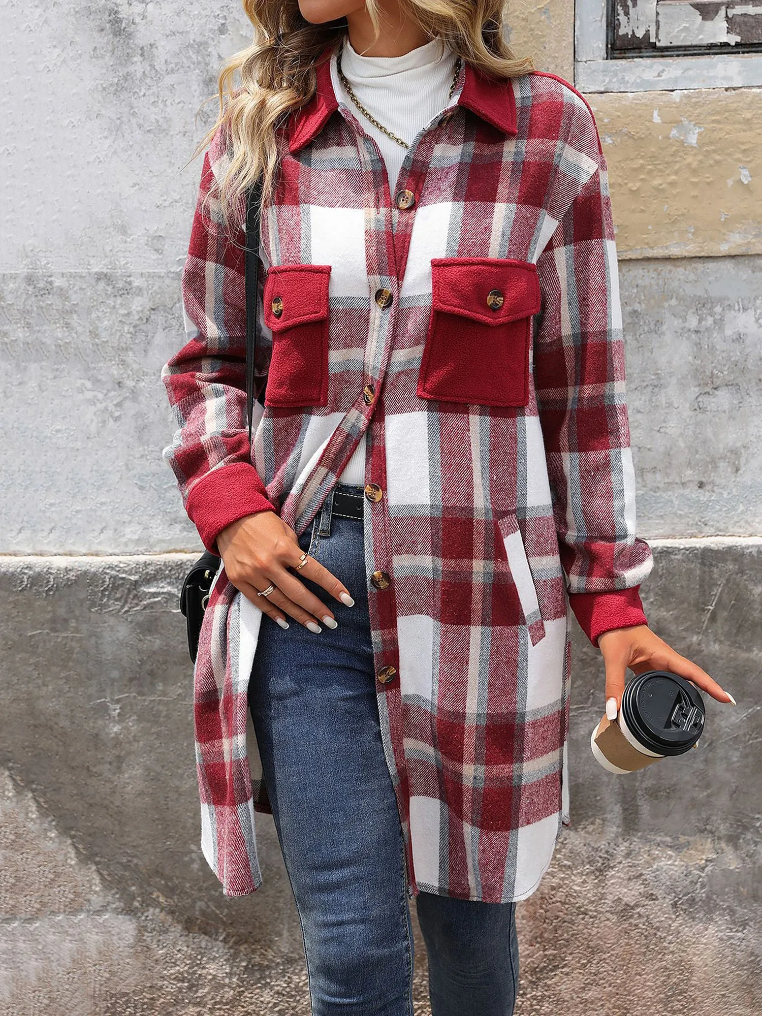 Brushed Long Sleeves Plaid Shacket Shirt Jacket