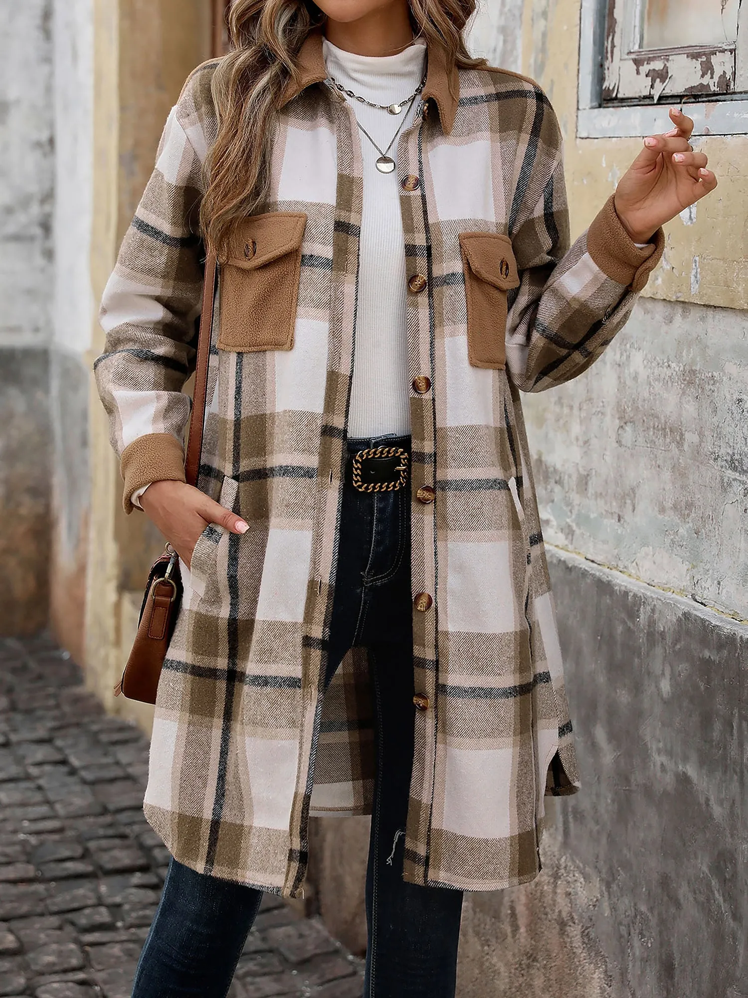 Brushed Long Sleeves Plaid Shacket Shirt Jacket