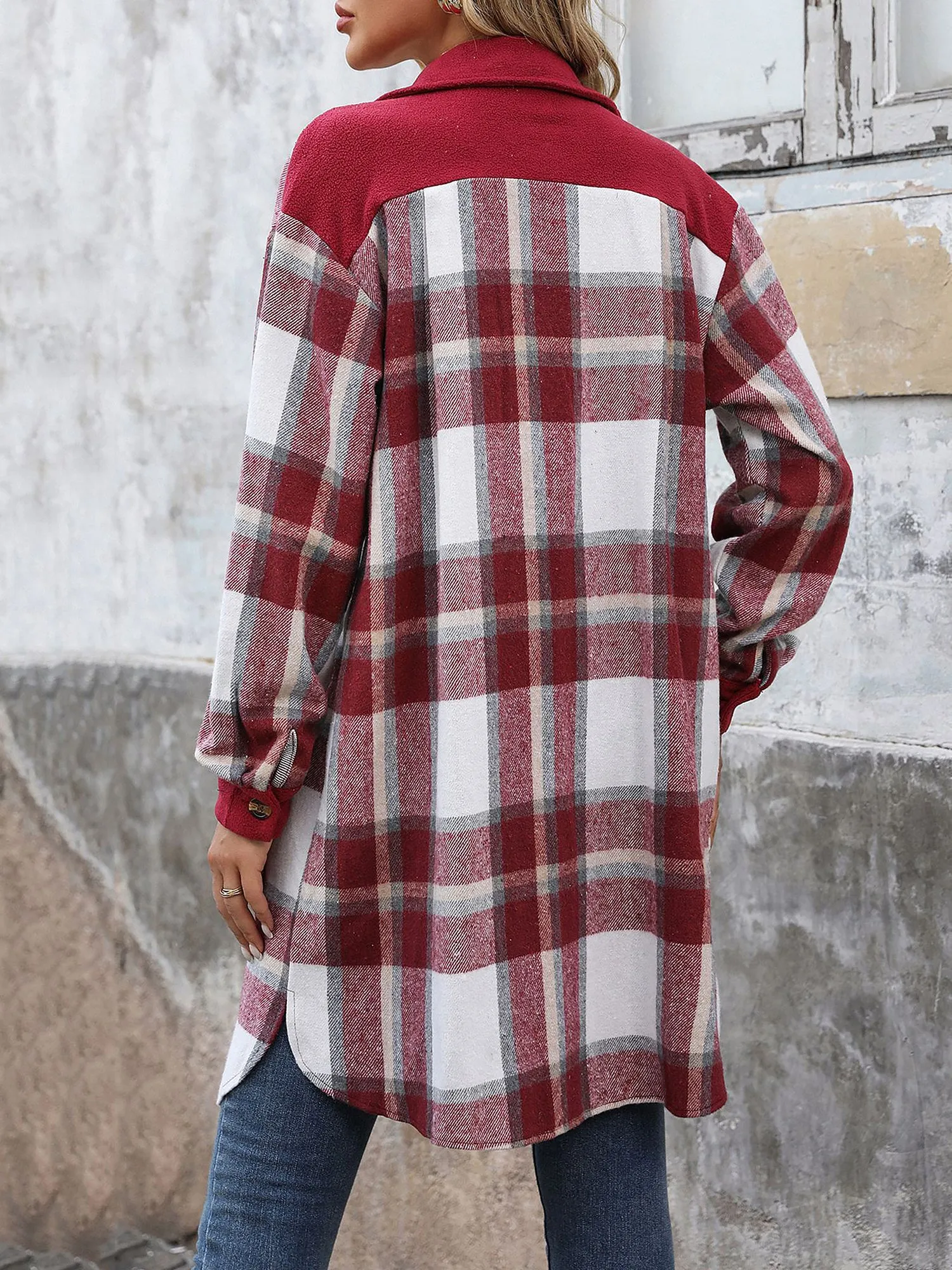 Brushed Long Sleeves Plaid Shacket Shirt Jacket