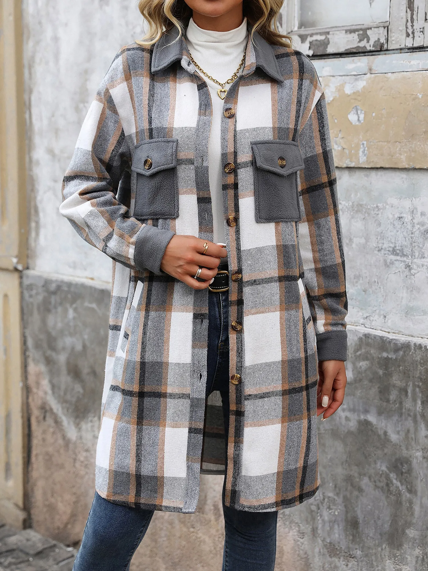 Brushed Long Sleeves Plaid Shacket Shirt Jacket