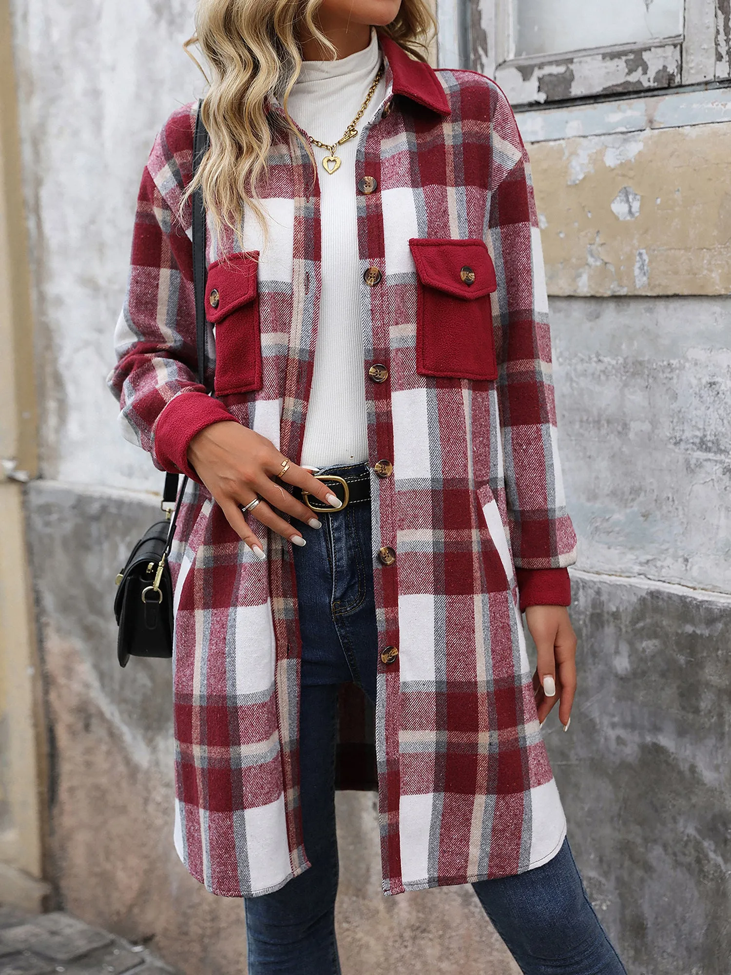 Brushed Long Sleeves Plaid Shacket Shirt Jacket