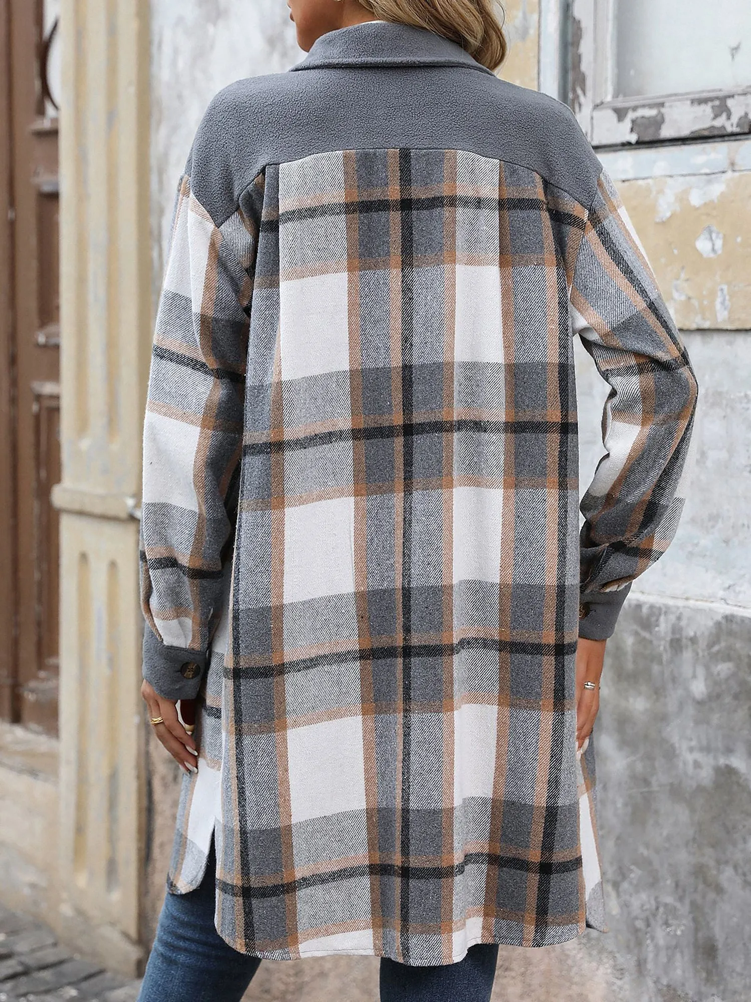 Brushed Long Sleeves Plaid Shacket Shirt Jacket