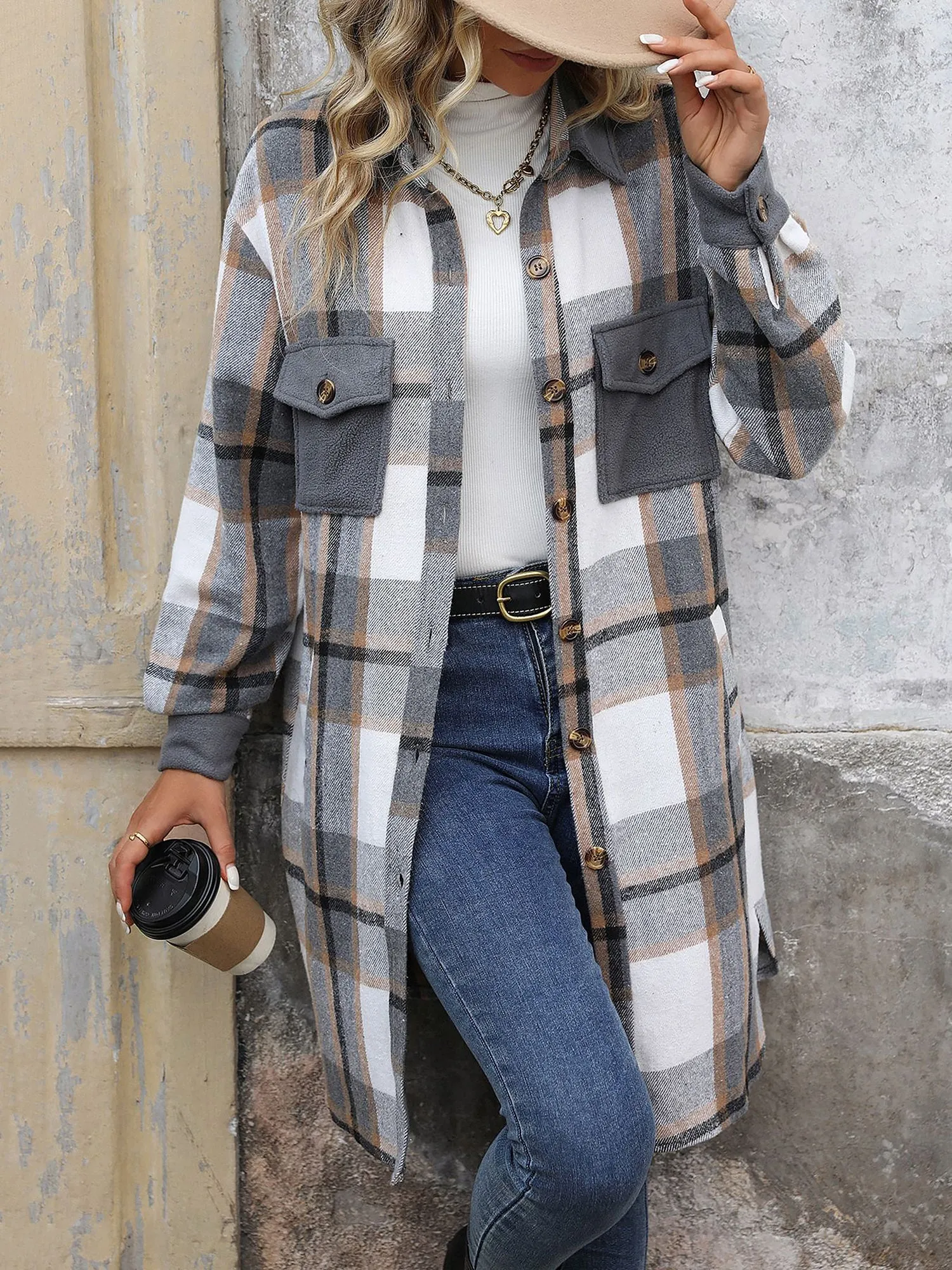 Brushed Long Sleeves Plaid Shacket Shirt Jacket