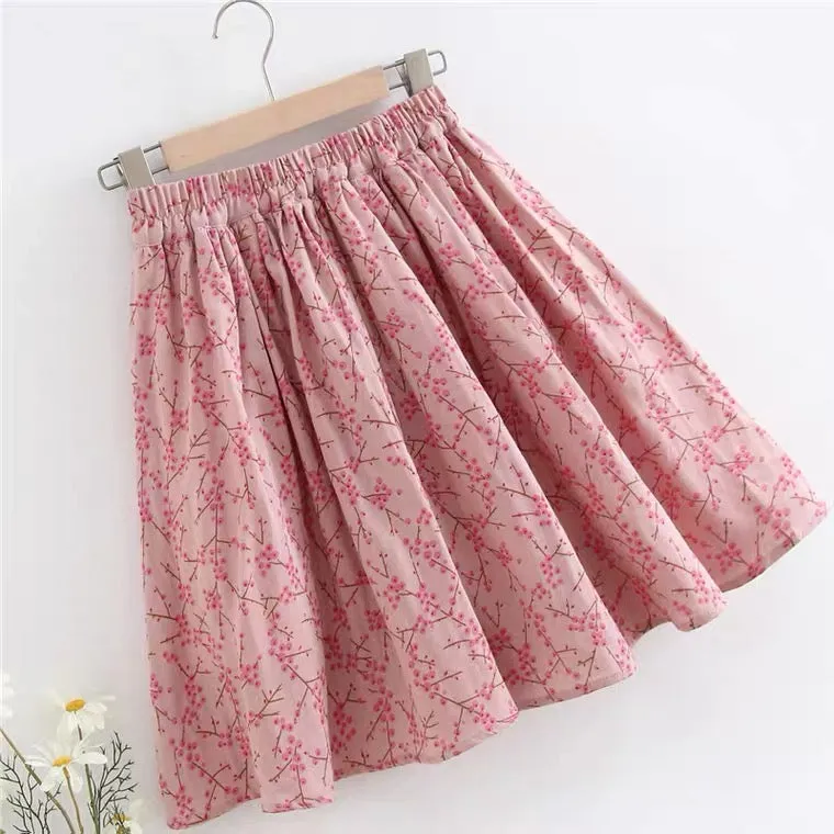 Cotton linen,pink A-line skirt, sweet, temperament, exclusive flower skirt  3583