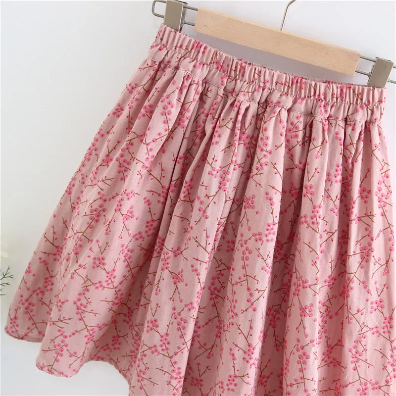 Cotton linen,pink A-line skirt, sweet, temperament, exclusive flower skirt  3583