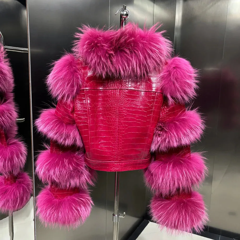 Couture Cropped Leather Jacket with Fox Fur
