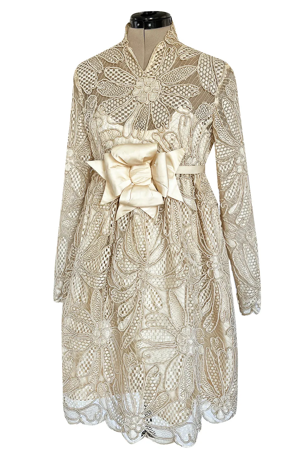 Extraordinary 1960s Donald Brooks Couture Ivory Net Lace & Silk Cord Babydoll Dress