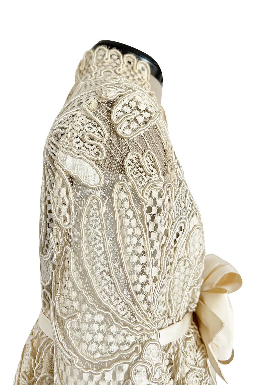 Extraordinary 1960s Donald Brooks Couture Ivory Net Lace & Silk Cord Babydoll Dress