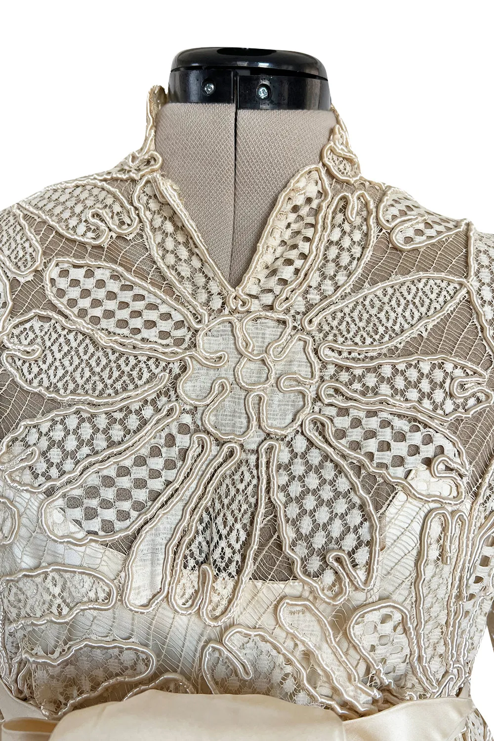 Extraordinary 1960s Donald Brooks Couture Ivory Net Lace & Silk Cord Babydoll Dress