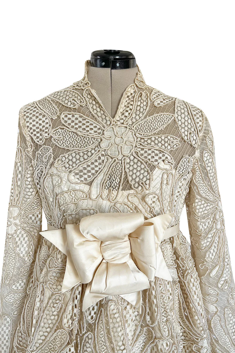 Extraordinary 1960s Donald Brooks Couture Ivory Net Lace & Silk Cord Babydoll Dress