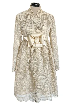 Extraordinary 1960s Donald Brooks Couture Ivory Net Lace & Silk Cord Babydoll Dress