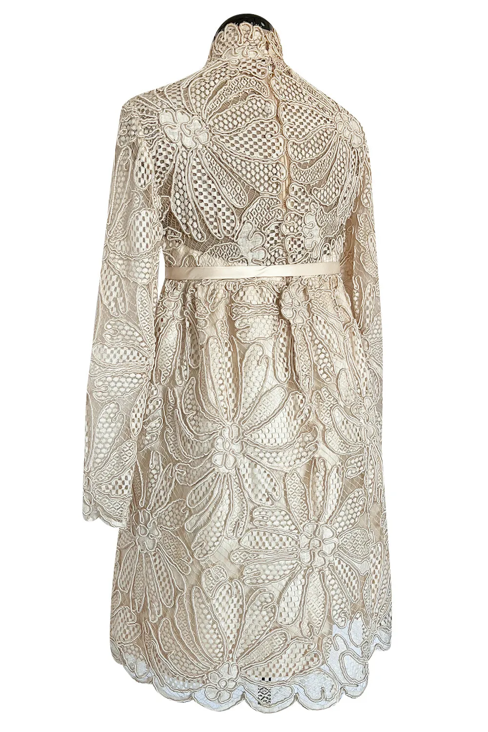 Extraordinary 1960s Donald Brooks Couture Ivory Net Lace & Silk Cord Babydoll Dress