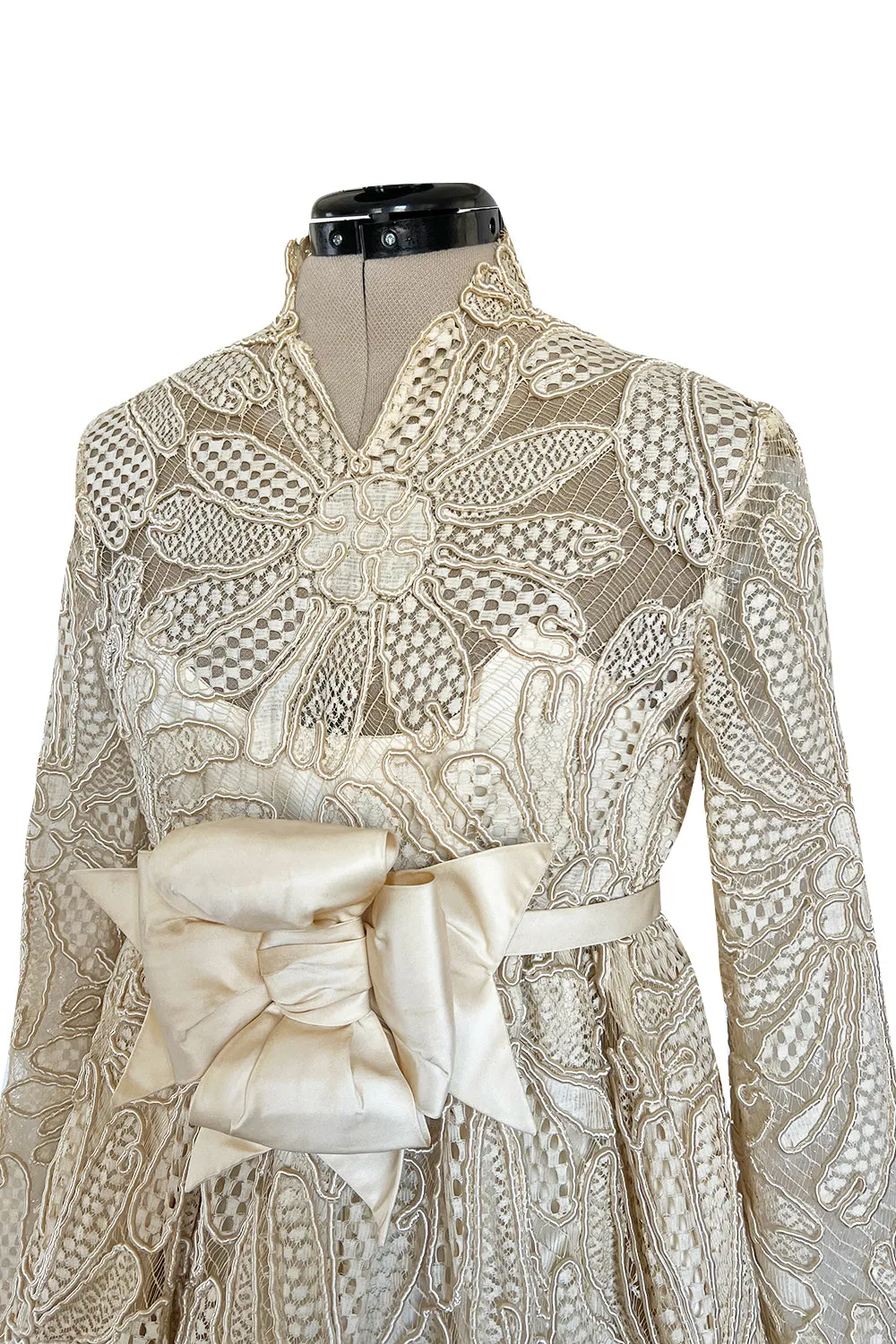 Extraordinary 1960s Donald Brooks Couture Ivory Net Lace & Silk Cord Babydoll Dress