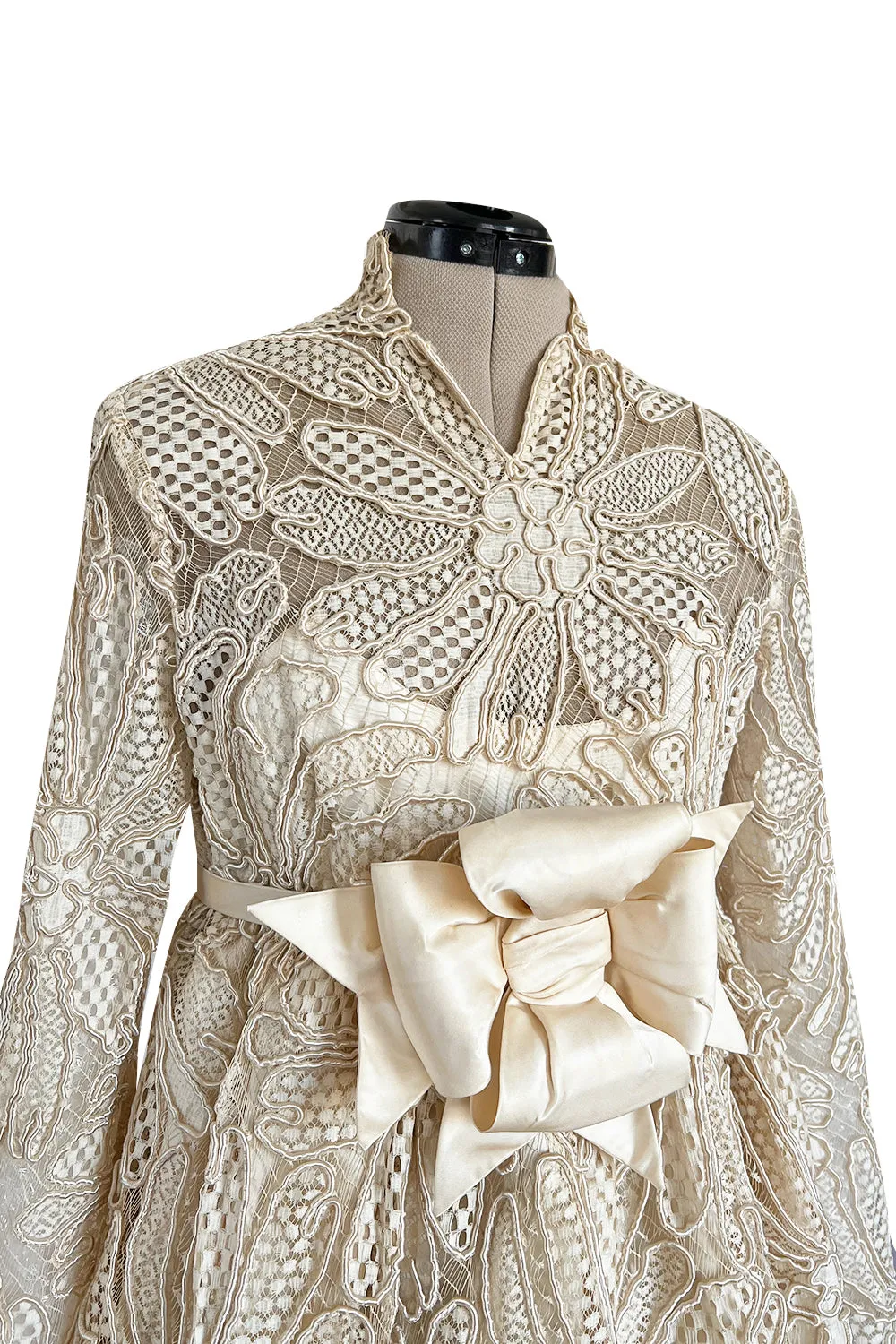 Extraordinary 1960s Donald Brooks Couture Ivory Net Lace & Silk Cord Babydoll Dress