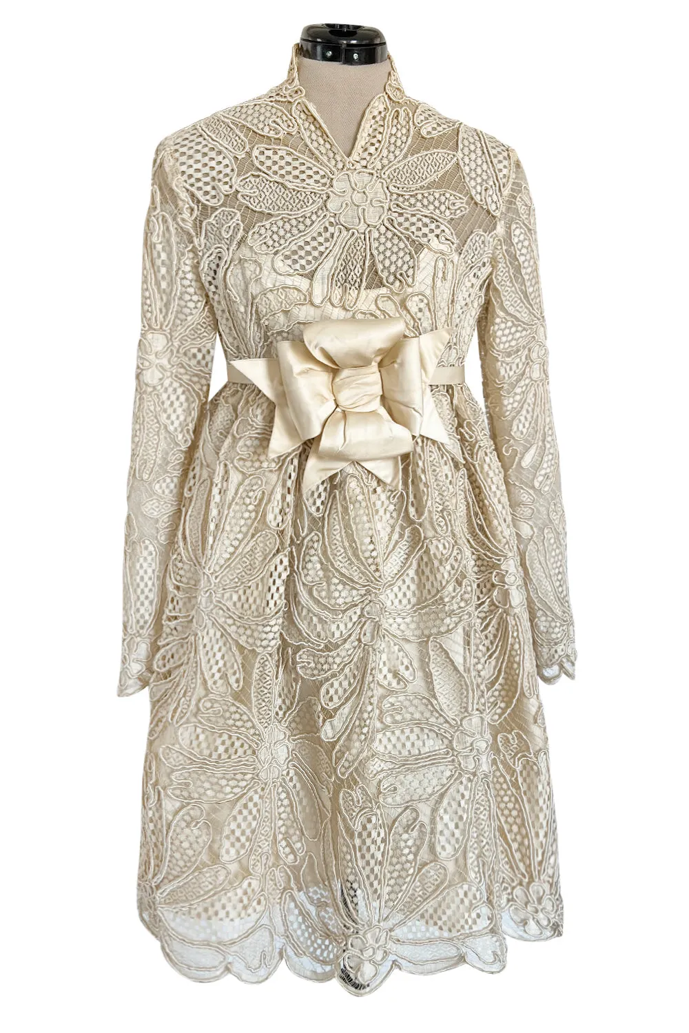 Extraordinary 1960s Donald Brooks Couture Ivory Net Lace & Silk Cord Babydoll Dress