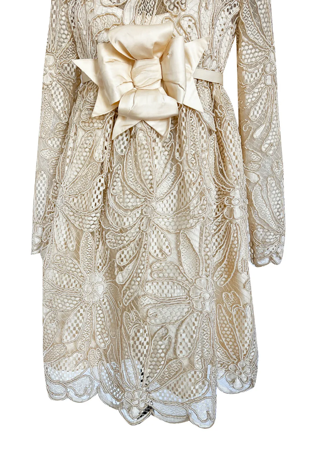 Extraordinary 1960s Donald Brooks Couture Ivory Net Lace & Silk Cord Babydoll Dress