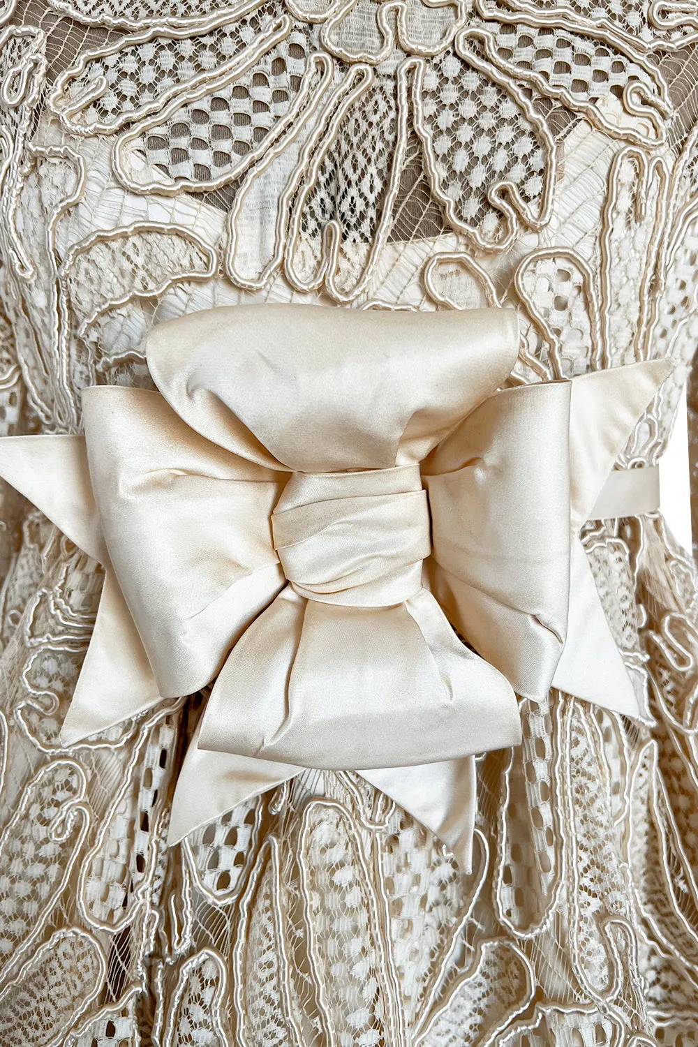 Extraordinary 1960s Donald Brooks Couture Ivory Net Lace & Silk Cord Babydoll Dress