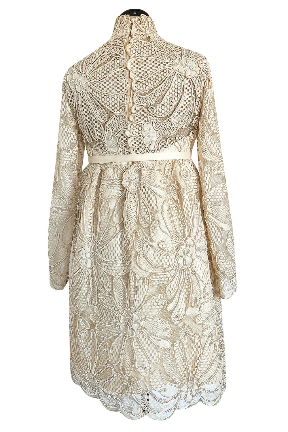 Extraordinary 1960s Donald Brooks Couture Ivory Net Lace & Silk Cord Babydoll Dress