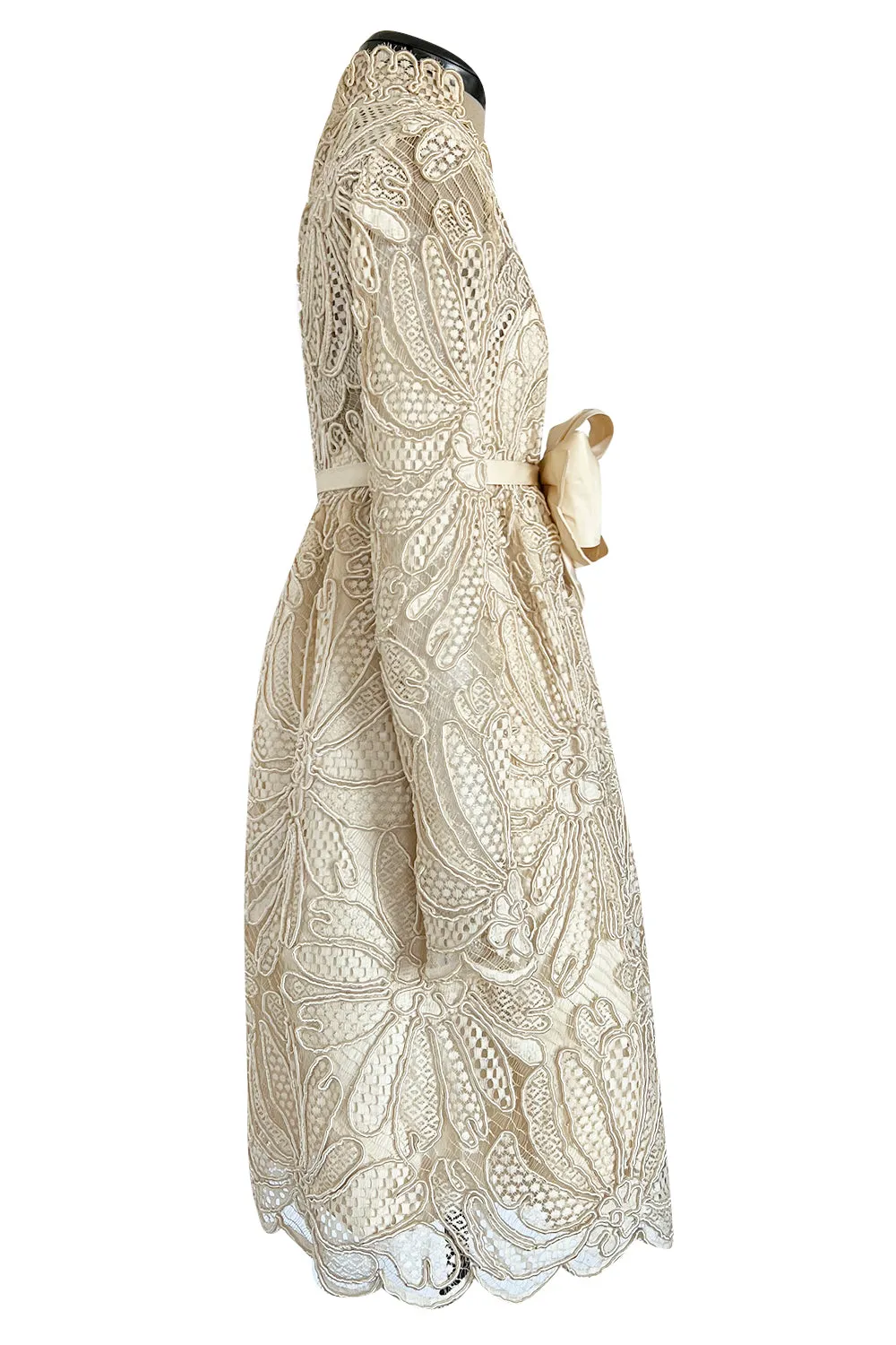 Extraordinary 1960s Donald Brooks Couture Ivory Net Lace & Silk Cord Babydoll Dress