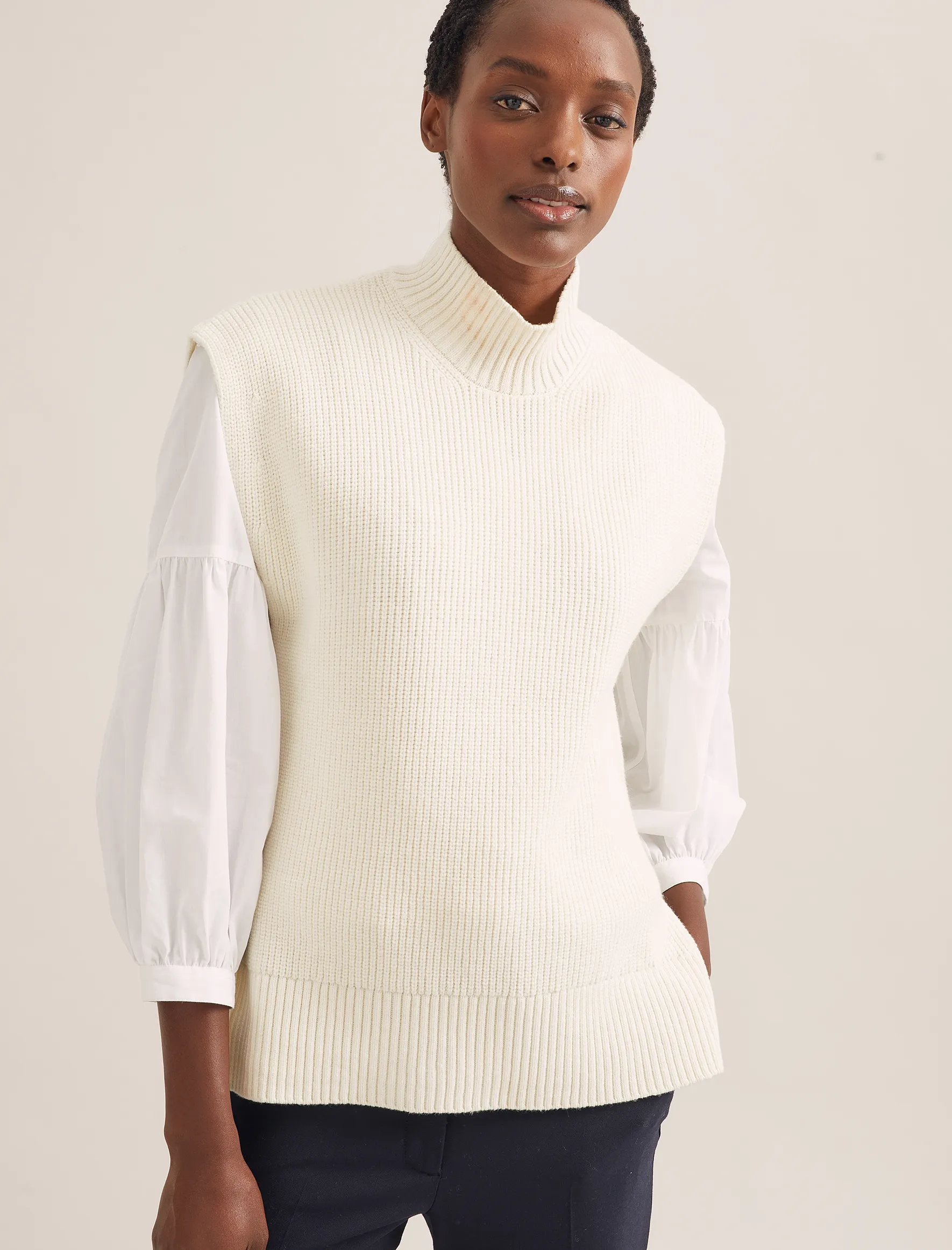 Janice Wool Funnel Neck Sleeveless Jumper - Cream