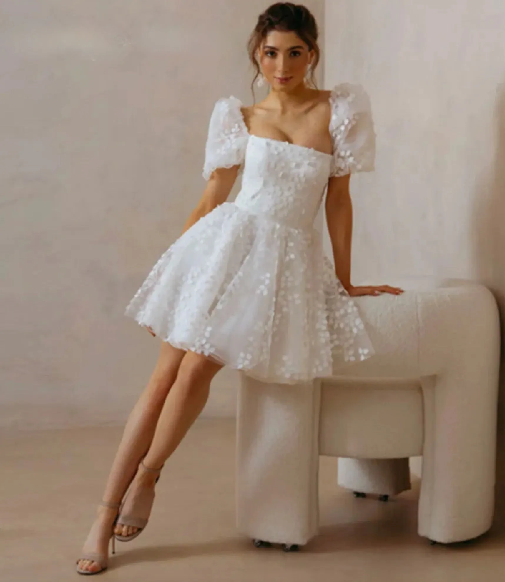 Lace Short Wedding Dress Puff Sleeves A Line Bridal Mini Dress