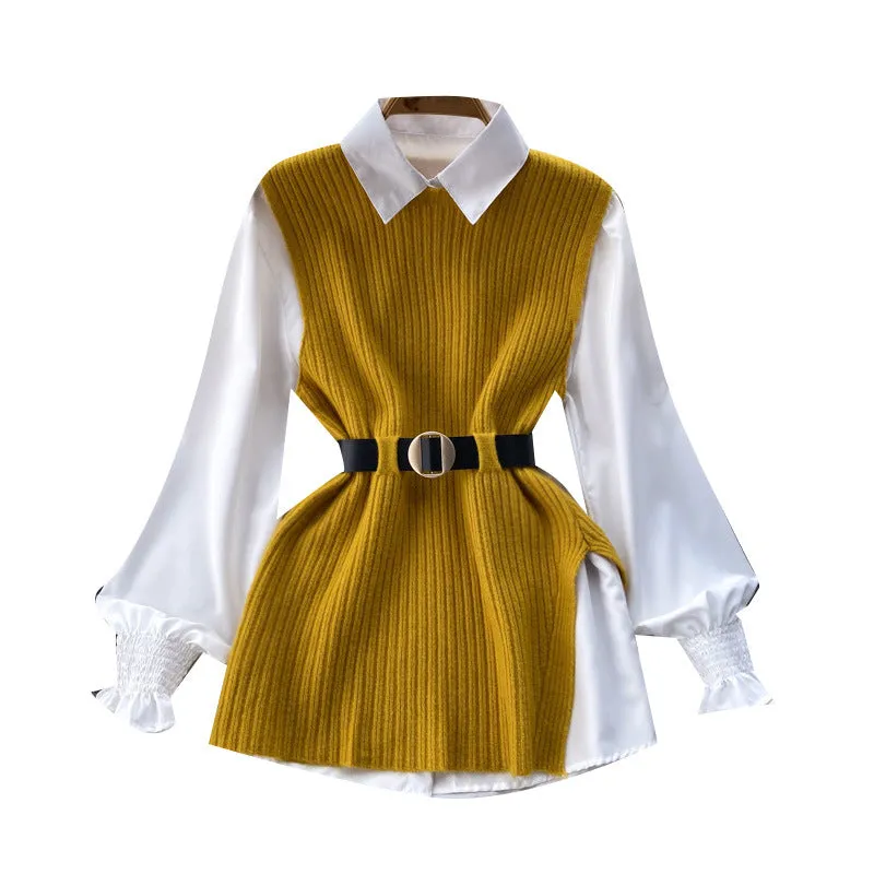 Light Luxury Socialite Suit Women's Loose Long Sleeve White Shirt Top Slit Knitted Vest Jacket Two-Piece Set0.4kg