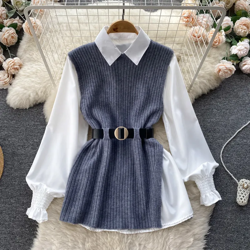 Light Luxury Socialite Suit Women's Loose Long Sleeve White Shirt Top Slit Knitted Vest Jacket Two-Piece Set0.4kg