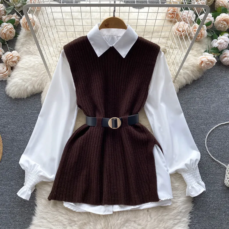 Light Luxury Socialite Suit Women's Loose Long Sleeve White Shirt Top Slit Knitted Vest Jacket Two-Piece Set0.4kg