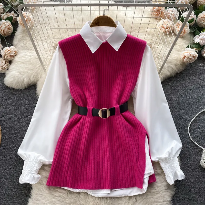 Light Luxury Socialite Suit Women's Loose Long Sleeve White Shirt Top Slit Knitted Vest Jacket Two-Piece Set0.4kg