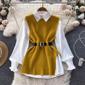 Light Luxury Socialite Suit Women's Loose Long Sleeve White Shirt Top Slit Knitted Vest Jacket Two-Piece Set0.4kg